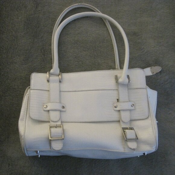WHITE SMALL SATCHEL FAUX REPTILE EMBOSSED HANDBAG - Picture 2 of 3